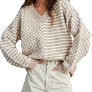 Women's Striped Checkered Sweater 2025 V Neck