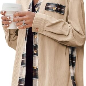 Zeagoo Women’s Corduroy Flannel Shacket Jacket – casual plaid button-down long sleeve fall top with pockets